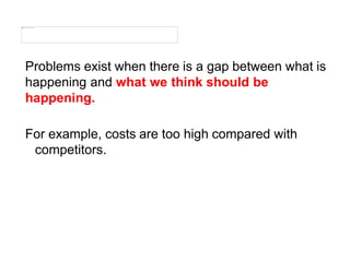 Problems exist when there is a gap between what is
happening and what we think should be
happening.
For example, costs are too high compared with
competitors.
 