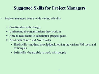 Suggested Skills for Project Managers
• Project managers need a wide variety of skills.
 Comfortable with change
 Understand the organizations they work in
 Able to lead teams to accomplish project goals
 Need both “hard” and “soft” skills
• Hard skills - product knowledge, knowing the various PM tools and
techniques
• Soft skills - being able to work with people
13
 