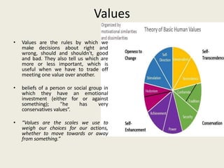 Values
• Values are the rules by which we
make decisions about right and
wrong, should and shouldn't, good
and bad. They also tell us which are
more or less important, which is
useful when we have to trade off
meeting one value over another.
• beliefs of a person or social group in
which they have an emotional
investment (either for or against
something); "he has very
conservatives values“.
• “Values are the scales we use to
weigh our choices for our actions,
whether to move towards or away
from something.”
 