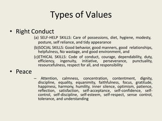 Types of Values
• Right Conduct
(a) SELF-HELP SKILLS: Care of possessions, diet, hygiene, modesty,
posture, self reliance, and tidy appearance
(b)SOCIAL SKILLS: Good behavior, good manners, good relationships,
helpfulness, No wastage, and good environment, and
(c)ETHICAL SKILLS: Code of conduct, courage, dependability, duty,
efficiency, ingenuity, initiative, perseverance, punctuality,
resourcefulness, respect for all, and responsibility
• Peace
– Attention, calmness, concentration, contentment, dignity,
discipline, equality, equanimity, faithfulness, focus, gratitude,
happiness, harmony, humility, inner silence, optimism, patience,
reflection, satisfaction, self-acceptance, self-confidence, self-
control, self-discipline, self-esteem, self-respect, sense control,
tolerance, and understanding
 