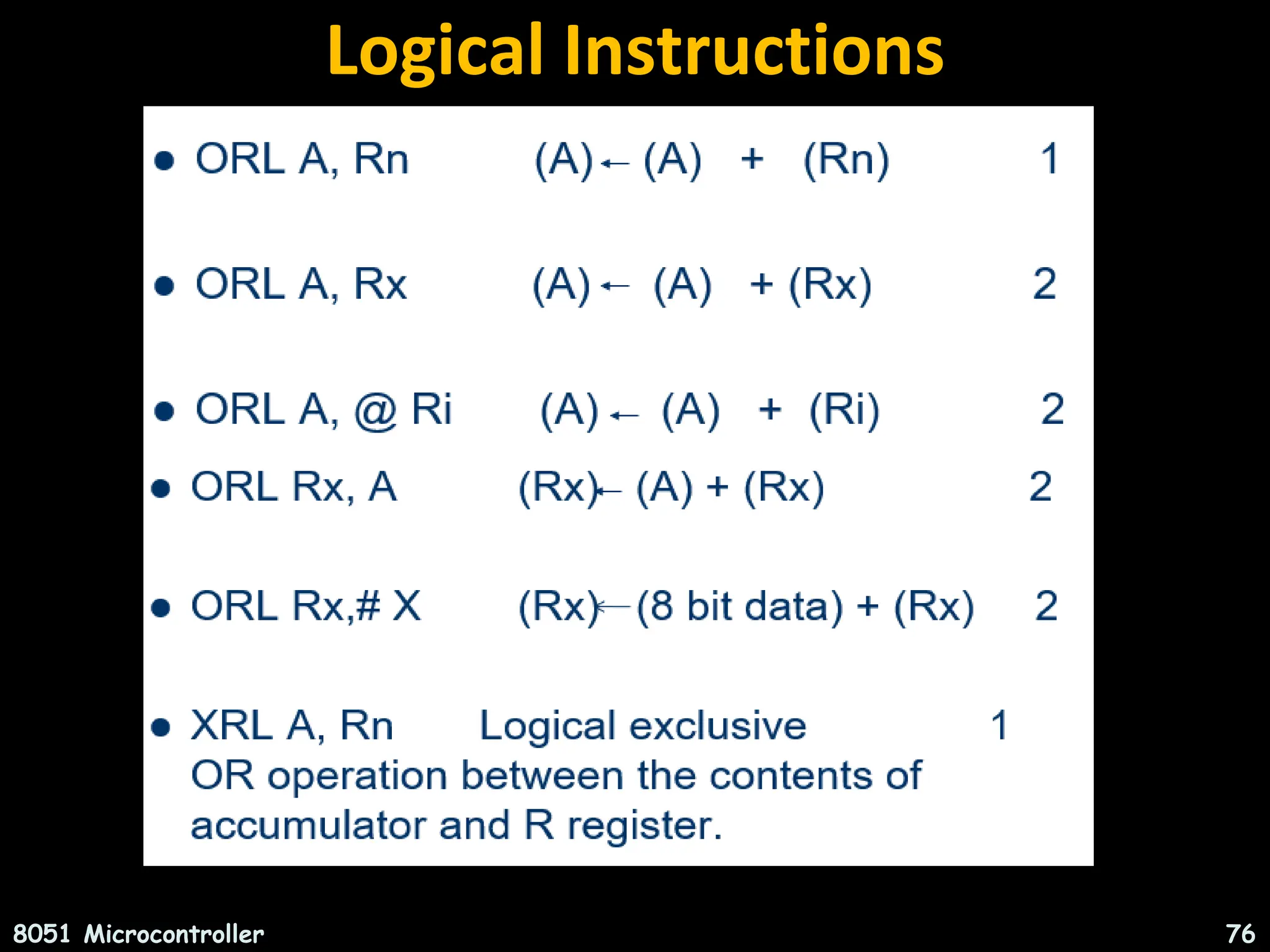 Logical Instructions 8051 Microcontroller 76 