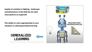 Inspite of variation in lighting , landscape
and dimensions of the field the AI robot
must perform as expected
The ability to react appropriately to new
situation is called generalized learning
 