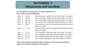 Toy Problem- 7
Missionaries and Cannibals
Let Missionary is denoted by ‘M’ and Cannibal, by ‘C’.
These rules are described below:
All or some of these production rules will have to be used in a particular
sequence to find the solution of the problem.
 