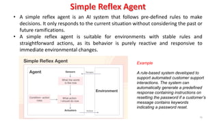 73
• A simple reflex agent is an AI system that follows pre-defined rules to make
decisions. It only responds to the current situation without considering the past or
future ramifications.
• A simple reflex agent is suitable for environments with stable rules and
straightforward actions, as its behavior is purely reactive and responsive to
immediate environmental changes.
Example
A rule-based system developed to
support automated customer support
interactions. The system can
automatically generate a predefined
response containing instructions on
resetting the password if a customer’s
message contains keywords
indicating a password reset.
 