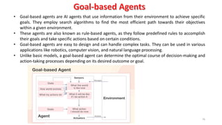 76
• Goal-based agents are AI agents that use information from their environment to achieve specific
goals. They employ search algorithms to find the most efficient path towards their objectives
within a given environment.
• These agents are also known as rule-based agents, as they follow predefined rules to accomplish
their goals and take specific actions based on certain conditions.
• Goal-based agents are easy to design and can handle complex tasks. They can be used in various
applications like robotics, computer vision, and natural language processing.
• Unlike basic models, a goal-based agent can determine the optimal course of decision-making and
action-taking processes depending on its desired outcome or goal.
 