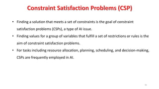 95
• Finding a solution that meets a set of constraints is the goal of constraint
satisfaction problems (CSPs), a type of AI issue.
• Finding values for a group of variables that fulfill a set of restrictions or rules is the
aim of constraint satisfaction problems.
• For tasks including resource allocation, planning, scheduling, and decision-making,
CSPs are frequently employed in AI.
 