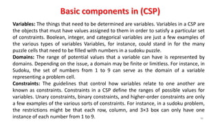 96
Variables: The things that need to be determined are variables. Variables in a CSP are
the objects that must have values assigned to them in order to satisfy a particular set
of constraints. Boolean, integer, and categorical variables are just a few examples of
the various types of variables Variables, for instance, could stand in for the many
puzzle cells that need to be filled with numbers in a sudoku puzzle.
Domains: The range of potential values that a variable can have is represented by
domains. Depending on the issue, a domain may be finite or limitless. For instance, in
Sudoku, the set of numbers from 1 to 9 can serve as the domain of a variable
representing a problem cell.
Constraints: The guidelines that control how variables relate to one another are
known as constraints. Constraints in a CSP define the ranges of possible values for
variables. Unary constraints, binary constraints, and higher-order constraints are only
a few examples of the various sorts of constraints. For instance, in a sudoku problem,
the restrictions might be that each row, column, and 3×3 box can only have one
instance of each number from 1 to 9.
 