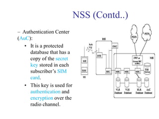 NSS (Contd..)
– Authentication Center
(AuC):
• It is a protected
database that has a
copy of the secret
key stored in each
subscriber’s SIM
card.
• This key is used for
authentication and
encryption over the
radio channel.
 