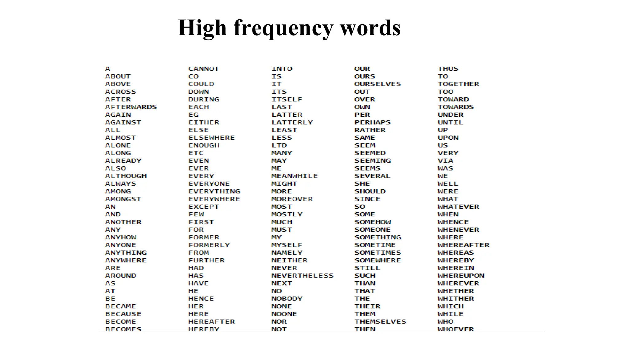 High frequency words
 