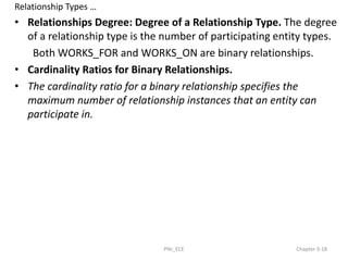 Relationship Types …
• Relationships Degree: Degree of a Relationship Type. The degree
of a relationship type is the number of participating entity types.
Both WORKS_FOR and WORKS_ON are binary relationships.
• Cardinality Ratios for Binary Relationships.
• The cardinality ratio for a binary relationship specifies the
maximum number of relationship instances that an entity can
participate in.
PNJ_ECE Chapter 3-18
 