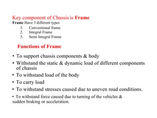 Key component of Chassis
Frame Have 3 different types
is Frame
1.
2.
3.
Conventional frame
Integral Frame
Semi Integral Frame
Functions of Frame
• To support chassis components & body
• Withstand the static & dynamic load of different components
of chassis
• To withstand load of the body
• To carry load
• To withstand stresses caused due to uneven road conditions.
• To withstand force caused due to turning of the vehicles &
sudden braking or acceleration.
 