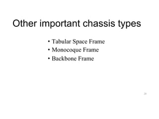 Other important chassis types
• Tabular Space Frame
• Monocoque Frame
• Backbone Frame
28
 
