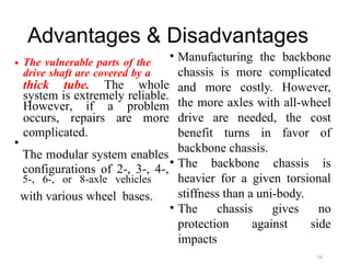 Advantages & Disadvantages
• The vulnerable parts of the
drive shaft are covered by a
thick tube. The whole
system is extremely reliable.
However, if a problem
occurs, repairs are more
complicated.
•
The modular system enables
configurations of 2-, 3-, 4-,
5-, 6-, or 8-axle vehicles
with various wheel bases.
34
• Manufacturing the backbone
chassis is more complicated
and more costly. However,
the more axles with all-wheel
drive are needed, the cost
benefit turns in favor of
backbone chassis.
• The backbone chassis is
heavier for a given torsional
stiffness than a uni-body.
• The chassis gives no
protection against side
impacts
 