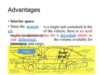 Advantages
• Interior space:
• Since the powertr
ain
engine compartment
is a single unit contained in the
of the vehicle, there is no need
to devote interior space for a driveshaft tunnel or
for
rear differential,
increasing
the volume available
passengers and cargo.
Inner
SPAC
E
Engine
 