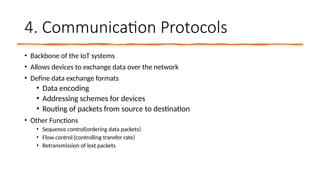 16/08/2024 Unit-1 Introduction to IoT 10
4. Communication Protocols
• Backbone of the IoT systems
• Allows devices to exchange data over the network
• Define data exchange formats
• Data encoding
• Addressing schemes for devices
• Routing of packets from source to destination
• Other Functions
• Sequence control(ordering data packets)
• Flow control (controlling transfer rate)
• Retransmission of lost packets
 
