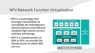 16/08/2024 Unit-1 Introduction to IoT 33
NFV-Network Function Virtualization
• NFV is a technology that
leverages virtualization to
consolidate the heterogenous
network devices onto industry-
standard high-volume servers,
switches and storage
• NFV is a complementary to
SDN as NFV can provide the
infrastructure on which SDN
can run NFV architecture
 