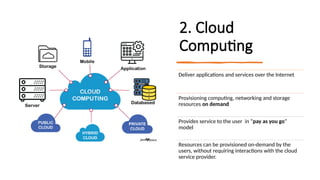 16/08/2024 Unit-1 Introduction to IoT 5
2. Cloud
Computing
Deliver applications and services over the Internet
Provisioning computing, networking and storage
resources on demand
Provides service to the user in “pay as you go”
model
Resources can be provisioned on-demand by the
users, without requiring interactions with the cloud
service provider.
 