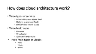 How does cloud architecture work?
• Three types of services
• Infrastructure as a service (IaaS)
• Platform as a service (PaaS)
• Software as a service (SaaS)
• Three basic layers
• Hardware
• Virtualization
• Application and Service
• Three Main types of Clouds
• Public
• Private
• Hybrid
 