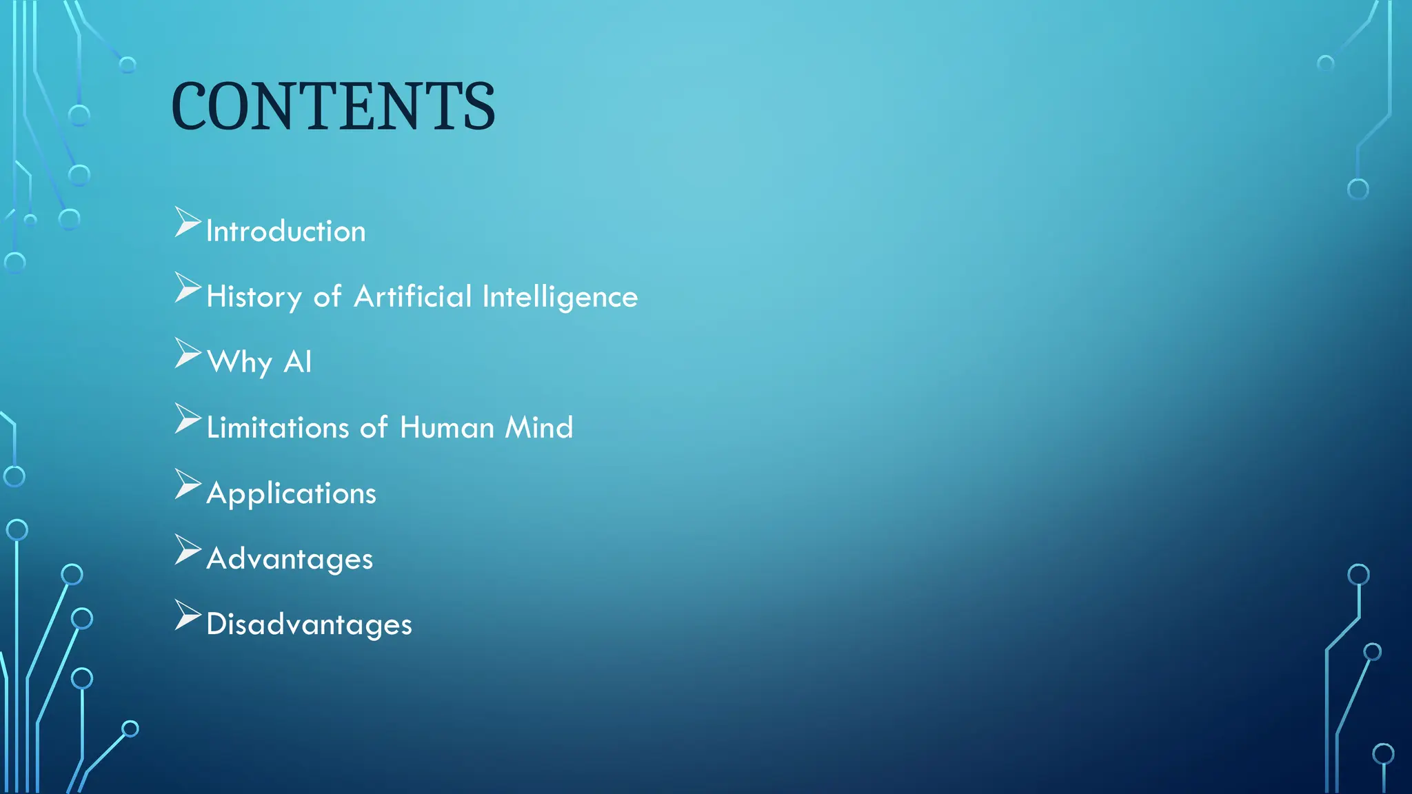 CONTENTS
Introduction
History of Artificial Intelligence
Why AI
Limitations of Human Mind
Applications
Advantages
Disadvantages
 