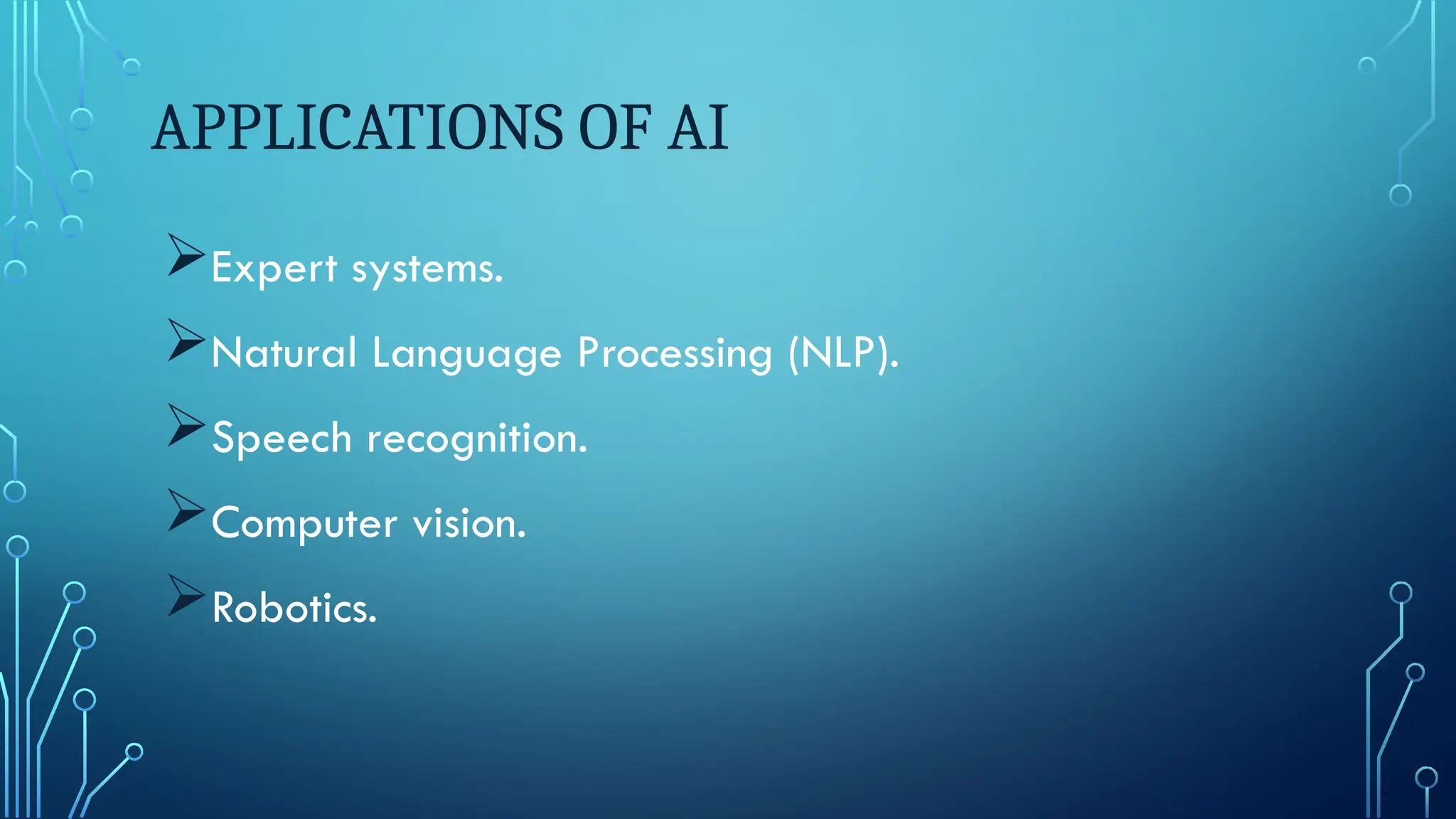 APPLICATIONS OF AI
Expert systems.
Natural Language Processing (NLP).
Speech recognition.
Computer vision.
Robotics.
 
