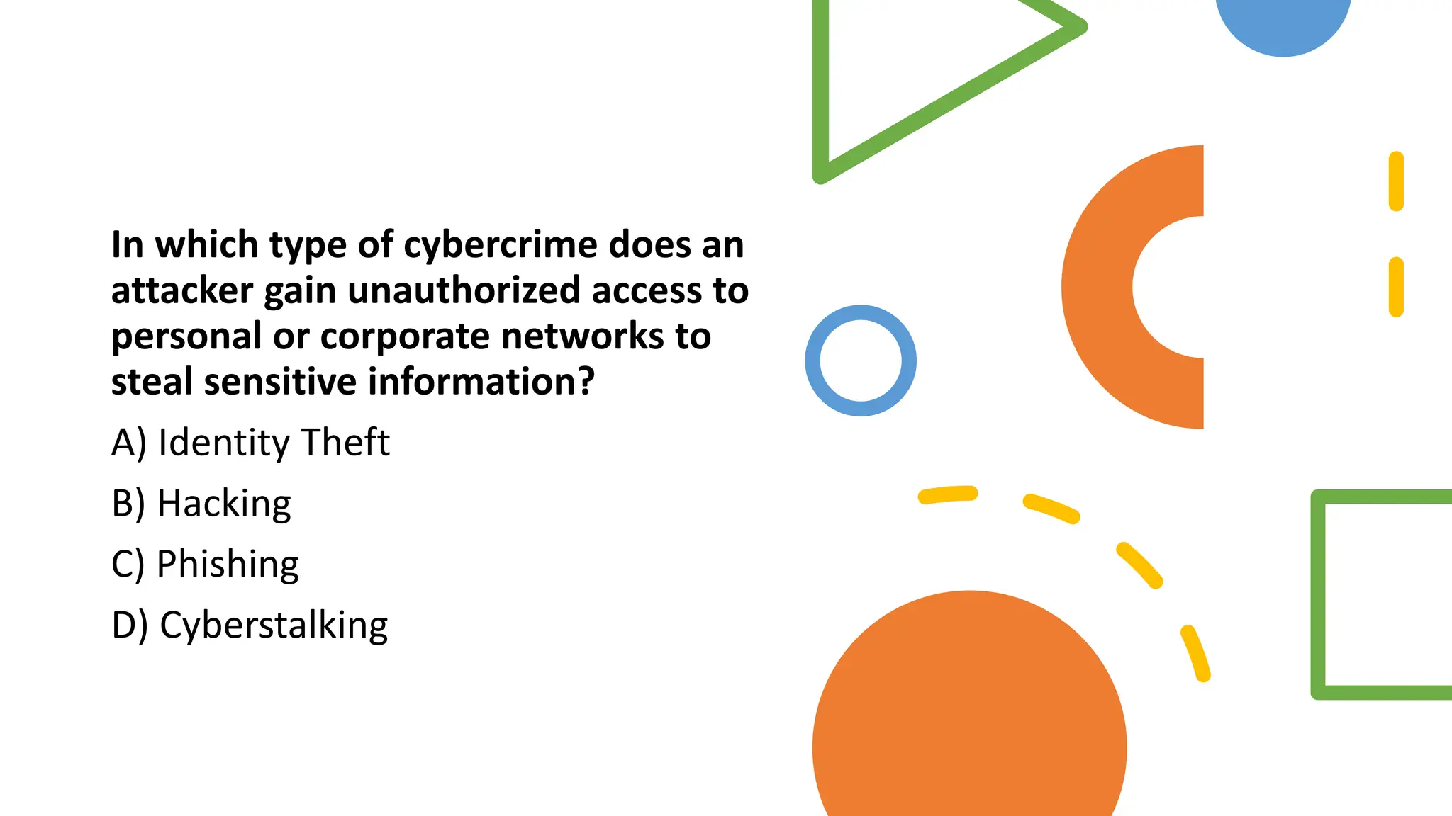 In which type of cybercrime does an
attacker gain unauthorized access to
personal or corporate networks to
steal sensitive information?
A) Identity Theft
B) Hacking
C) Phishing
D) Cyberstalking
 