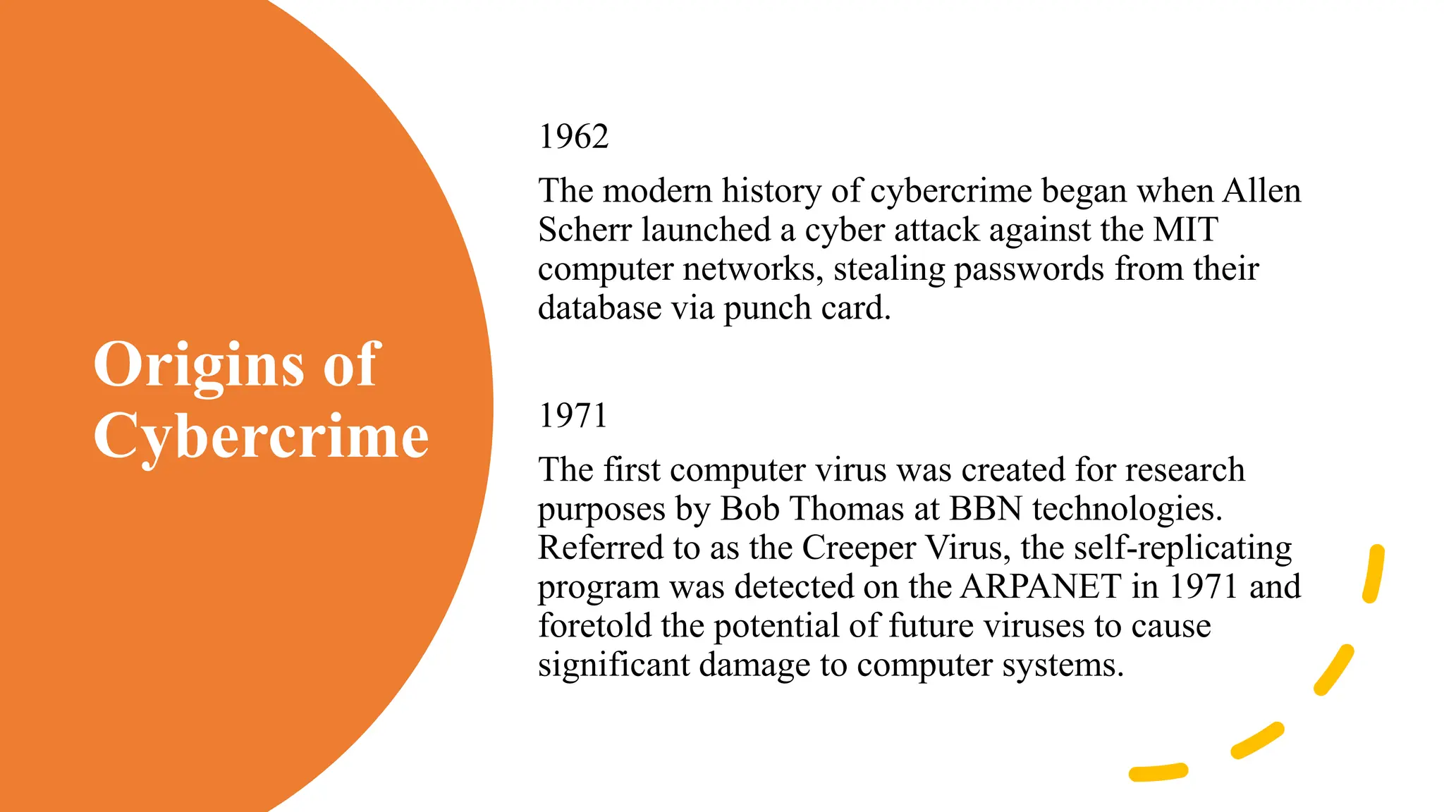 Origins of
Cybercrime
1962
The modern history of cybercrime began when Allen
Scherr launched a cyber attack against the MIT
computer networks, stealing passwords from their
database via punch card.
1971
The first computer virus was created for research
purposes by Bob Thomas at BBN technologies.
Referred to as the Creeper Virus, the self-replicating
program was detected on the ARPANET in 1971 and
foretold the potential of future viruses to cause
significant damage to computer systems.
 