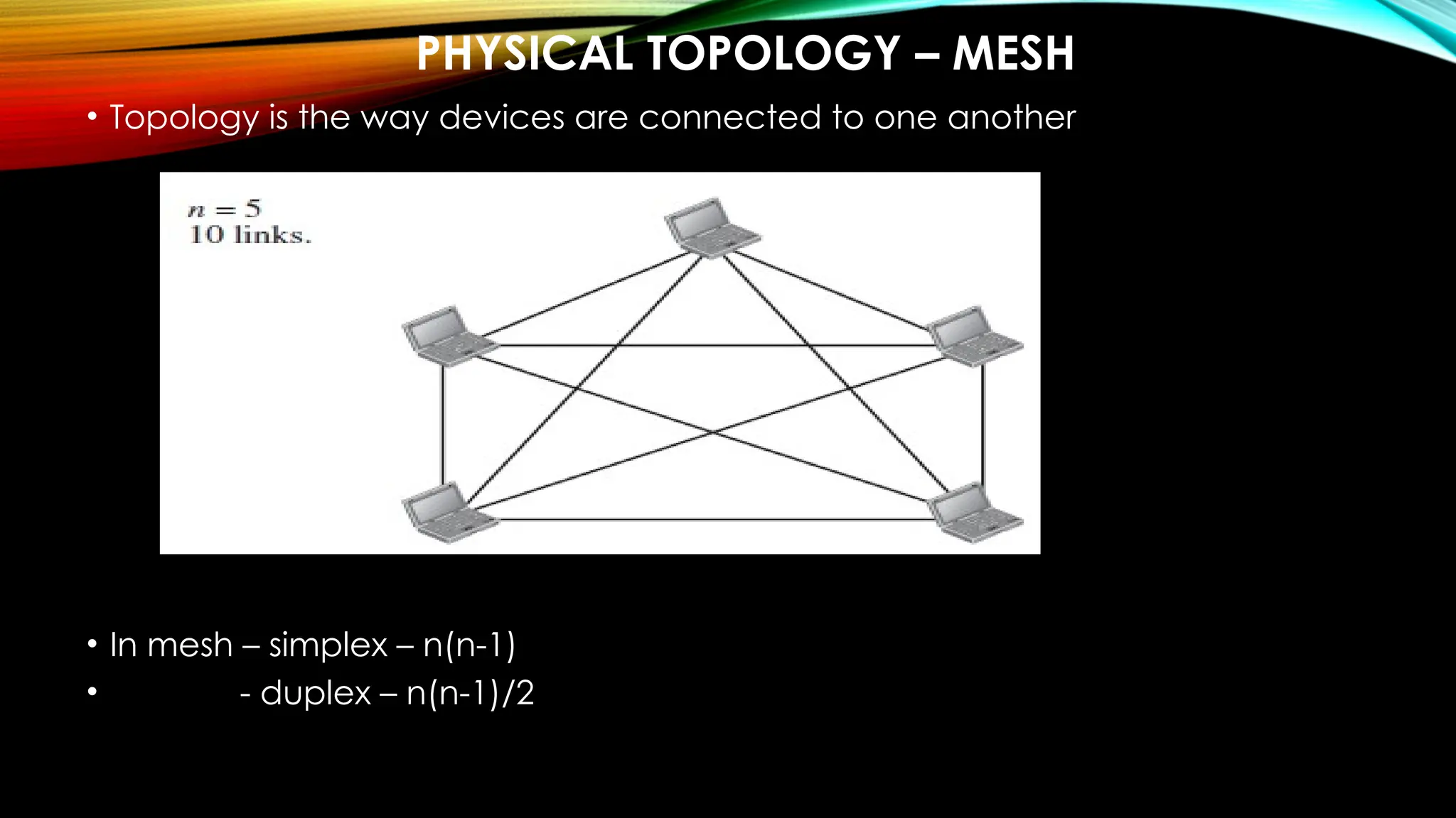 PHYSICAL TOPOLOGY – MESH
• Topology is the way devices are connected to one another
• In mesh – simplex – n(n-1)
• - duplex – n(n-1)/2
 