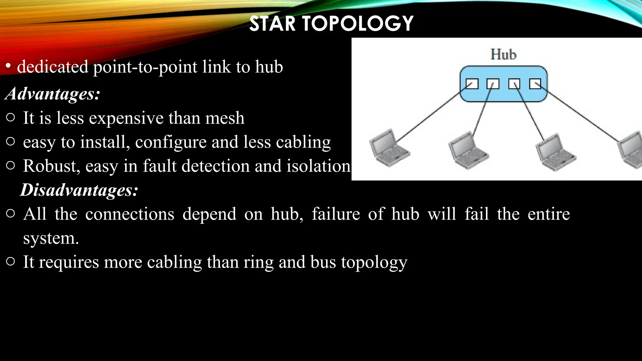 STAR TOPOLOGY
• dedicated point-to-point link to hub
Advantages:
o It is less expensive than mesh
o easy to install, configure and less cabling
o Robust, easy in fault detection and isolation
Disadvantages:
o All the connections depend on hub, failure of hub will fail the entire
system.
o It requires more cabling than ring and bus topology
 