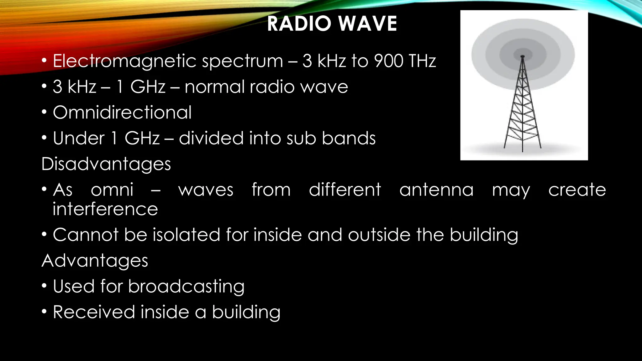 RADIO WAVE
• Electromagnetic spectrum – 3 kHz to 900 THz
• 3 kHz – 1 GHz – normal radio wave
• Omnidirectional
• Under 1 GHz – divided into sub bands
Disadvantages
• As omni – waves from different antenna may create
interference
• Cannot be isolated for inside and outside the building
Advantages
• Used for broadcasting
• Received inside a building
 