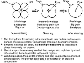  The driving force for sintering is the reduction in total particle surface area.
Surface energies are larger in magnitude than grain boundary energies.
 Sintering is carried out below the melting temperature so that a liquid
phase is normally not present.
 Mass transport is necessary to effect the changes accomplished by atomic
diffusion from the bulk particles to the neck regions.
 With hot pressing, the powder pressing and heat treatment are performed
simultaneously. The powder aggregate is compacted at an elevated
temperature.
 