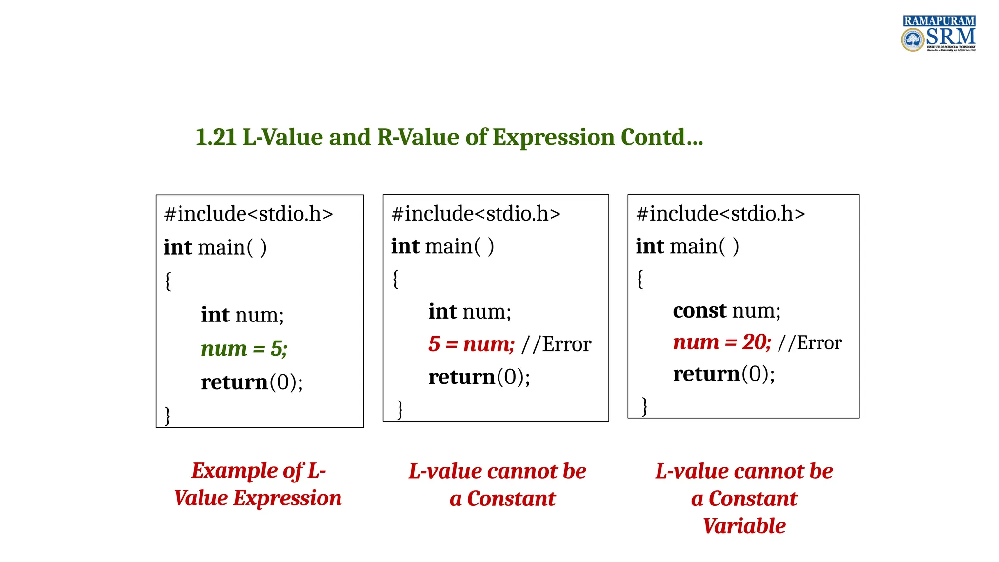 1.21 L-Value and R-Value of Expression Contd… #include<stdio.h> int main( ) { int num; num = 5; return(0); } Example of L- Value Expression #include<stdio.h> int main( ) { int num; 5 = num; //Error return(0); } L-value cannot be a Constant #include<stdio.h> int main( ) { const num; num = 20; //Error return(0); } L-value cannot be a Constant Variable 