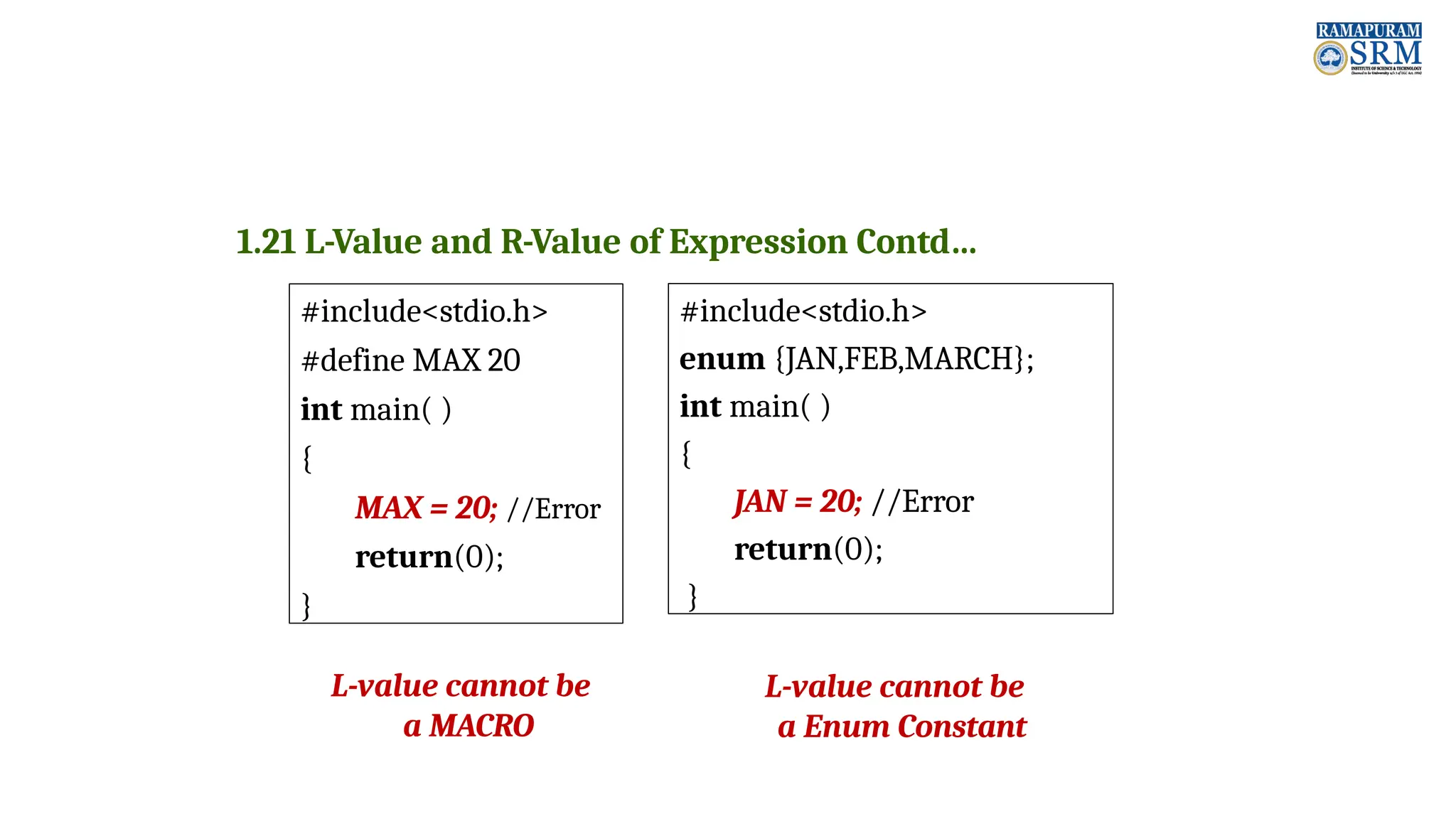 1.21 L-Value and R-Value of Expression Contd… #include<stdio.h> #define MAX 20 int main( ) { MAX = 20; //Error return(0); } L-value cannot be a MACRO #include<stdio.h> enum {JAN,FEB,MARCH}; int main( ) { JAN = 20; //Error return(0); } L-value cannot be a Enum Constant 