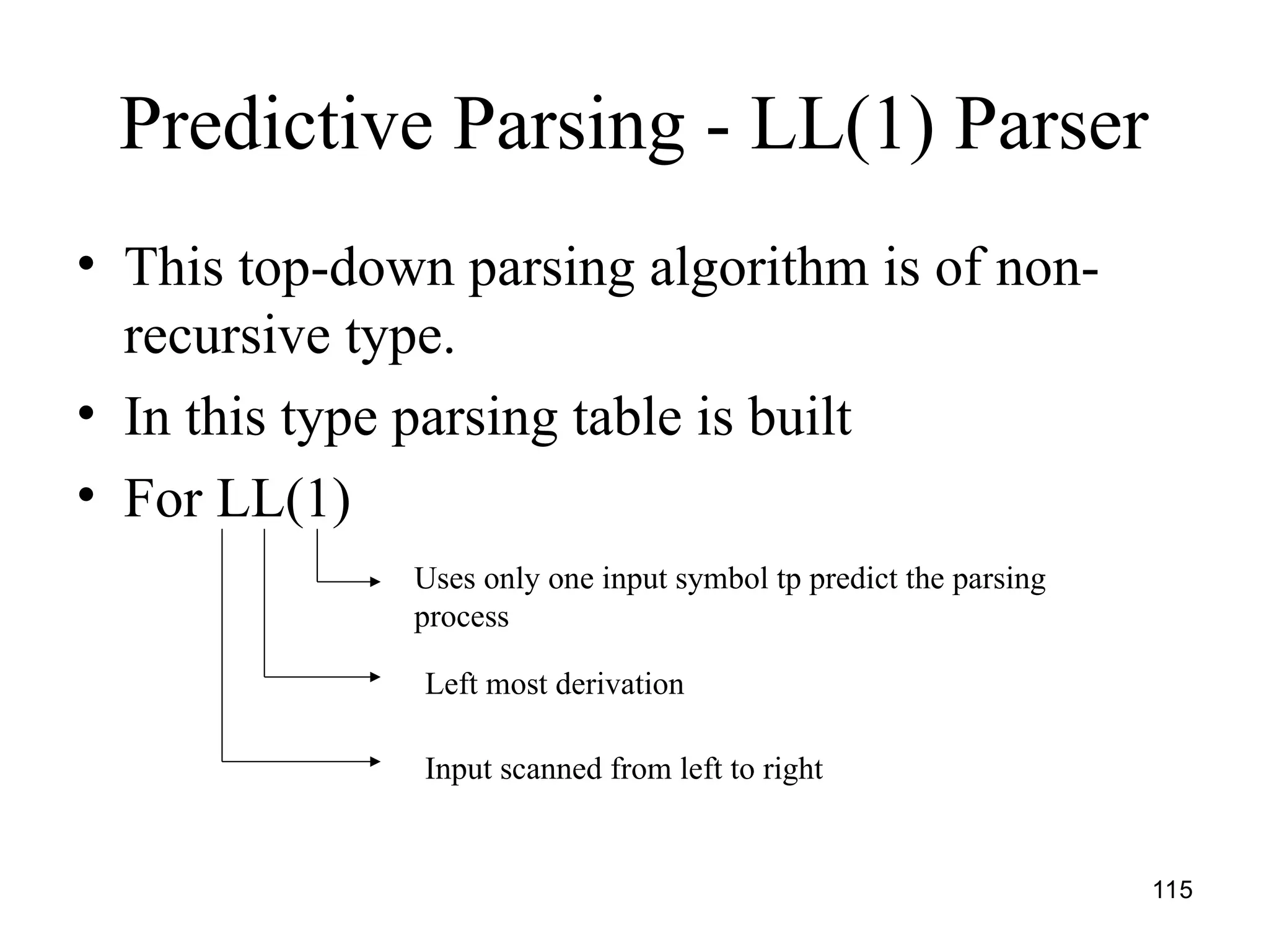 115
Predictive Parsing - LL(1) Parser
• This top-down parsing algorithm is of non-
recursive type.
• In this type parsing table is built
• For LL(1)
Uses only one input symbol tp predict the parsing
process
Left most derivation
Input scanned from left to right
 