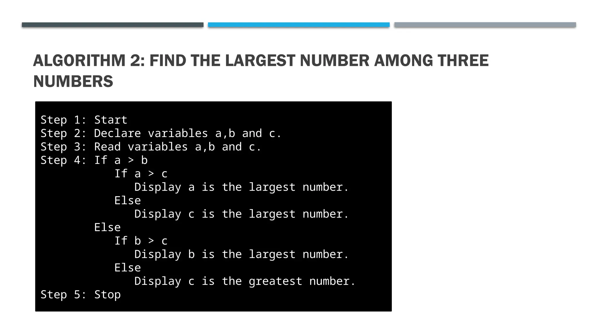 ALGORITHM 2: FIND THE LARGEST NUMBER AMONG THREE NUMBERS Step 1: Start Step 2: Declare variables a,b and c. Step 3: Read variables a,b and c. Step 4: If a > b If a > c Display a is the largest number. Else Display c is the largest number. Else If b > c Display b is the largest number. Else Display c is the greatest number. Step 5: Stop 