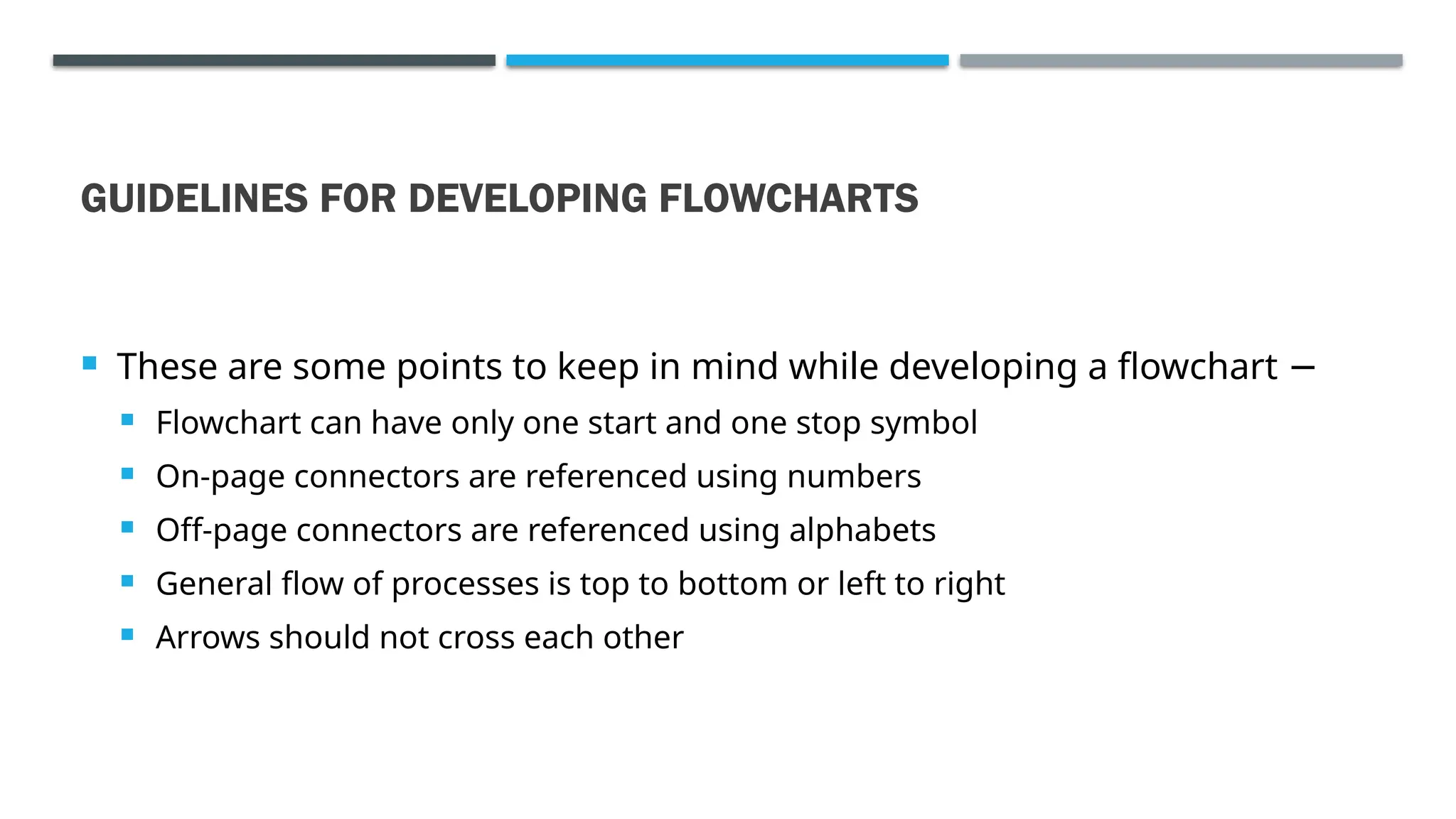 GUIDELINES FOR DEVELOPING FLOWCHARTS  These are some points to keep in mind while developing a flowchart −  Flowchart can have only one start and one stop symbol  On-page connectors are referenced using numbers  Off-page connectors are referenced using alphabets  General flow of processes is top to bottom or left to right  Arrows should not cross each other 
