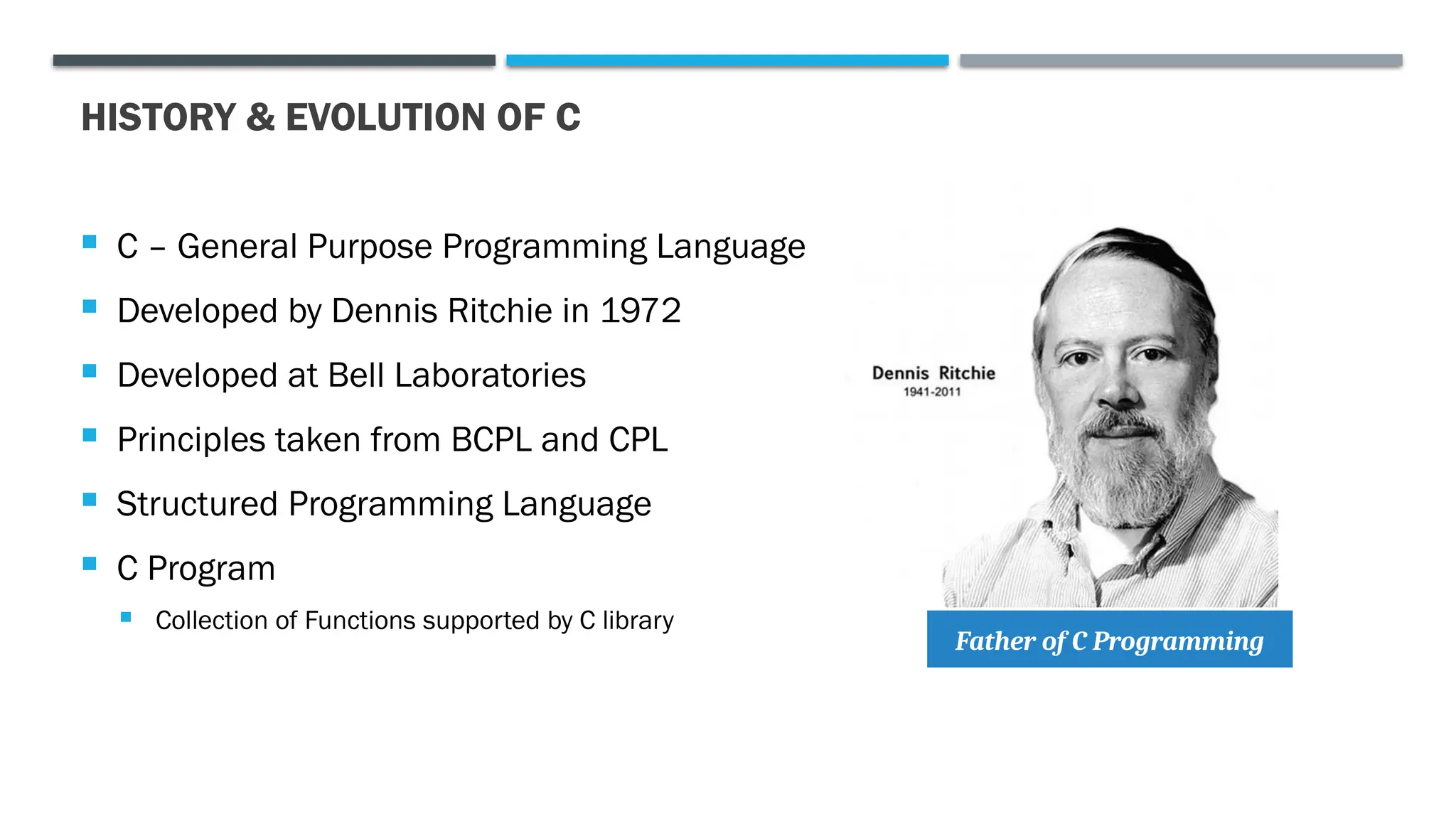 HISTORY & EVOLUTION OF C  C – General Purpose Programming Language  Developed by Dennis Ritchie in 1972  Developed at Bell Laboratories  Principles taken from BCPL and CPL  Structured Programming Language  C Program  Collection of Functions supported by C library Father of C Programming 