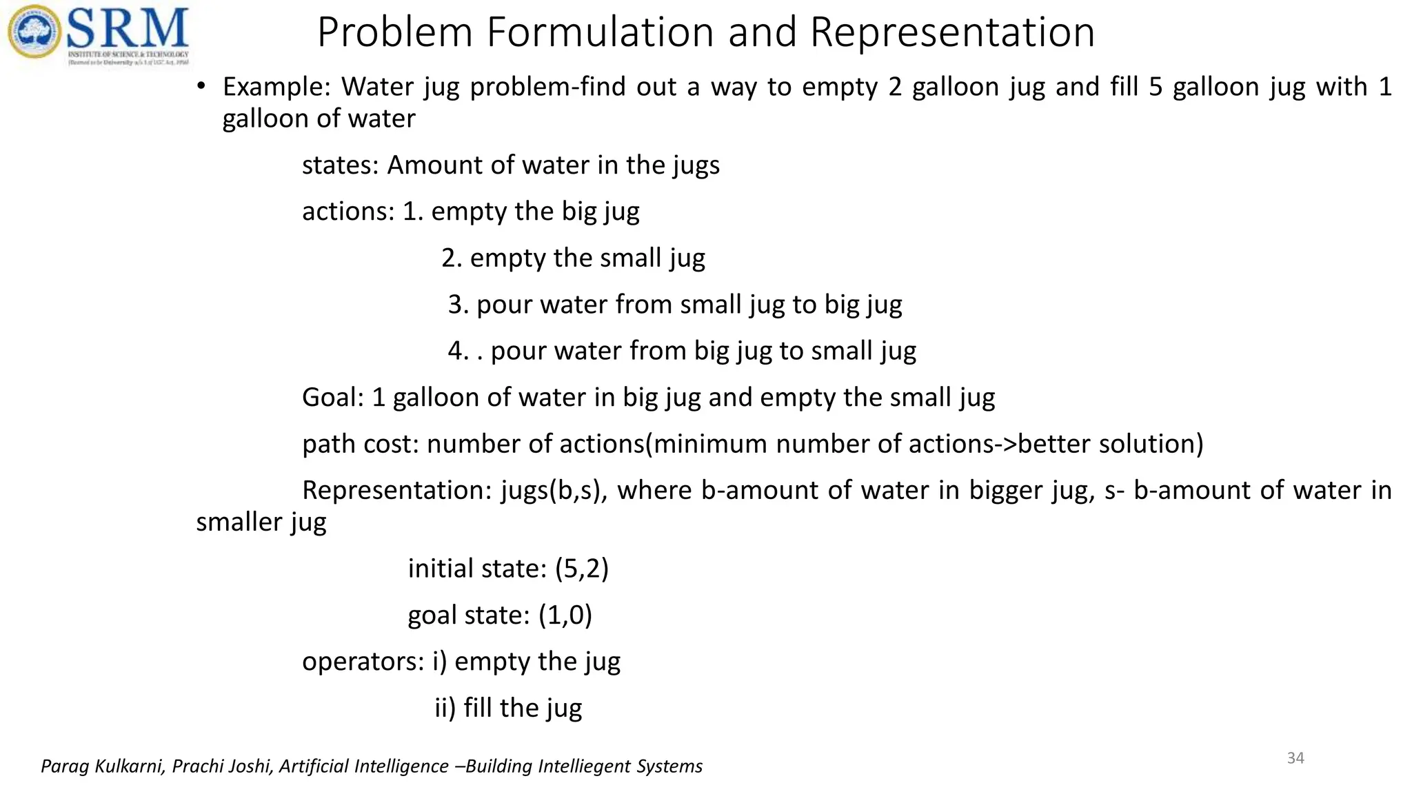 • Example: Water jug problem-find out a way to empty 2 galloon jug and fill 5 galloon jug with 1
galloon of water
states: Amount of water in the jugs
actions: 1. empty the big jug
2. empty the small jug
3. pour water from small jug to big jug
4. . pour water from big jug to small jug
Goal: 1 galloon of water in big jug and empty the small jug
path cost: number of actions(minimum number of actions->better solution)
Representation: jugs(b,s), where b-amount of water in bigger jug, s- b-amount of water in
smaller jug
initial state: (5,2)
goal state: (1,0)
operators: i) empty the jug
ii) fill the jug
Problem Formulation and Representation
34
Parag Kulkarni, Prachi Joshi, Artificial Intelligence –Building Intelliegent Systems
 