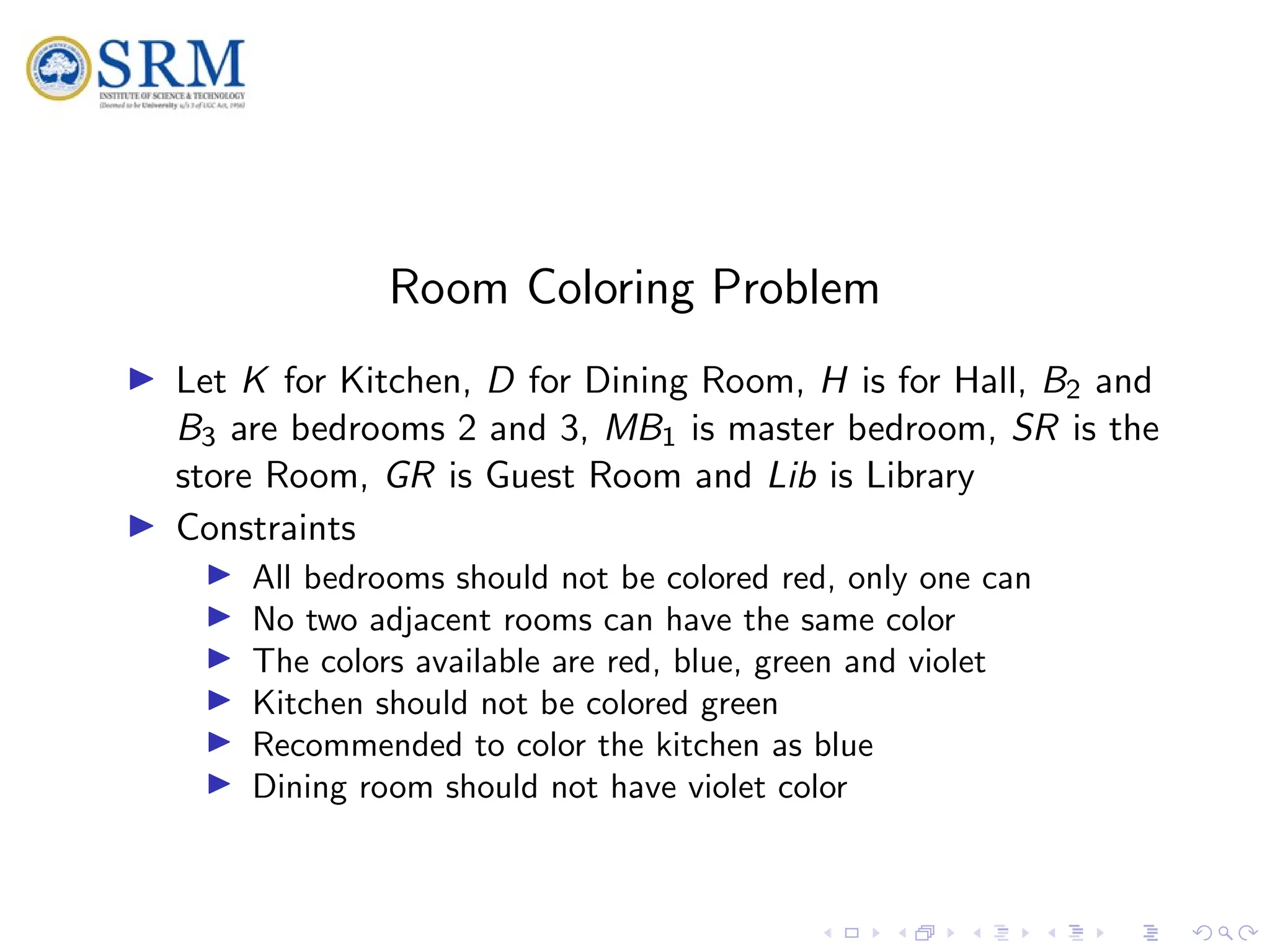 SRM
Room Coloring Problem
I Let K for Kitchen, D for Dining Room, H is for Hall, B2 and
B3 are bedrooms 2 and 3, MB1 is master bedroom, SR is the
store Room, GR is Guest Room and Lib is Library
I Constraints
I All bedrooms should not be colored red, only one can
I No two adjacent rooms can have the same color
I The colors available are red, blue, green and violet
I Kitchen should not be colored green
I Recommended to color the kitchen as blue
I Dining room should not have violet color
 