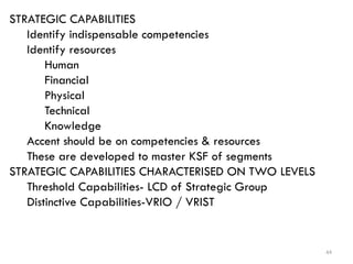 44
STRATEGIC CAPABILITIES
Identify indispensable competencies
Identify resources
Human
Financial
Physical
Technical
Knowledge
Accent should be on competencies & resources
These are developed to master KSF of segments
STRATEGIC CAPABILITIES CHARACTERISED ON TWO LEVELS
Threshold Capabilities- LCD of Strategic Group
Distinctive Capabilities-VRIO / VRIST
 