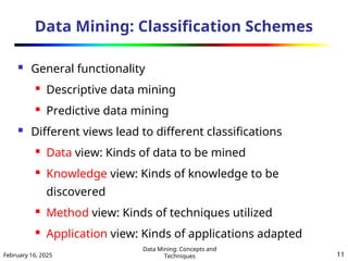 February 16, 2025
Data Mining: Concepts and
Techniques 11
Data Mining: Classification Schemes
 General functionality
 Descriptive data mining
 Predictive data mining
 Different views lead to different classifications
 Data view: Kinds of data to be mined
 Knowledge view: Kinds of knowledge to be
discovered
 Method view: Kinds of techniques utilized
 Application view: Kinds of applications adapted
 