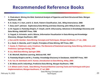 February 16, 2025
Data Mining: Concepts and
Techniques 23
Recommended Reference Books
 S. Chakrabarti. Mining the Web: Statistical Analysis of Hypertex and Semi-Structured Data. Morgan
Kaufmann, 2002
 R. O. Duda, P. E. Hart, and D. G. Stork, Pattern Classification, 2ed., Wiley-Interscience, 2000
 T. Dasu and T. Johnson. Exploratory Data Mining and Data Cleaning. John Wiley & Sons, 2003
 U. M. Fayyad, G. Piatetsky-Shapiro, P. Smyth, and R. Uthurusamy. Advances in Knowledge Discovery and
Data Mining. AAAI/MIT Press, 1996
 U. Fayyad, G. Grinstein, and A. Wierse, Information Visualization in Data Mining and Knowledge
Discovery, Morgan Kaufmann, 2001
 J. Han and M. Kamber. Data Mining: Concepts and Techniques. Morgan Kaufmann, 2nd
ed., 2006
 D. J. Hand, H. Mannila, and P. Smyth, Principles of Data Mining, MIT Press, 2001
 T. Hastie, R. Tibshirani, and J. Friedman, The Elements of Statistical Learning: Data Mining, Inference, and
Prediction, Springer-Verlag, 2001
 B. Liu, Web Data Mining, Springer 2006.
 T. M. Mitchell, Machine Learning, McGraw Hill, 1997
 G. Piatetsky-Shapiro and W. J. Frawley. Knowledge Discovery in Databases. AAAI/MIT Press, 1991
 P.-N. Tan, M. Steinbach and V. Kumar, Introduction to Data Mining, Wiley, 2005
 S. M. Weiss and N. Indurkhya, Predictive Data Mining, Morgan Kaufmann, 1998
 I. H. Witten and E. Frank, Data Mining: Practical Machine Learning Tools and Techniques with Java
Implementations, Morgan Kaufmann, 2nd
ed. 2005
 