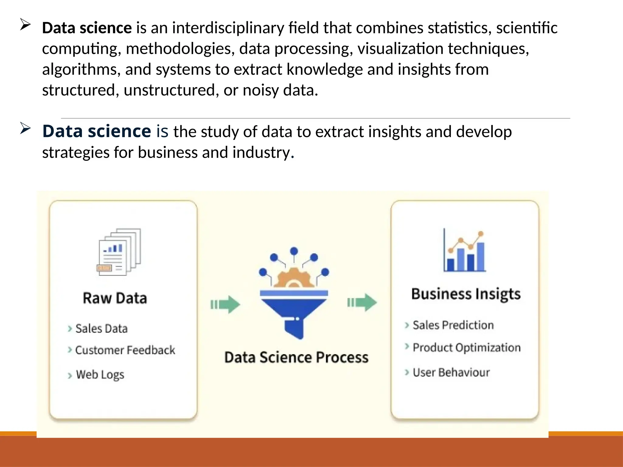  Data science is an interdisciplinary field that combines statistics, scientific
computing, methodologies, data processing, visualization techniques,
algorithms, and systems to extract knowledge and insights from
structured, unstructured, or noisy data.
 Data science is the study of data to extract insights and develop
strategies for business and industry.
 
