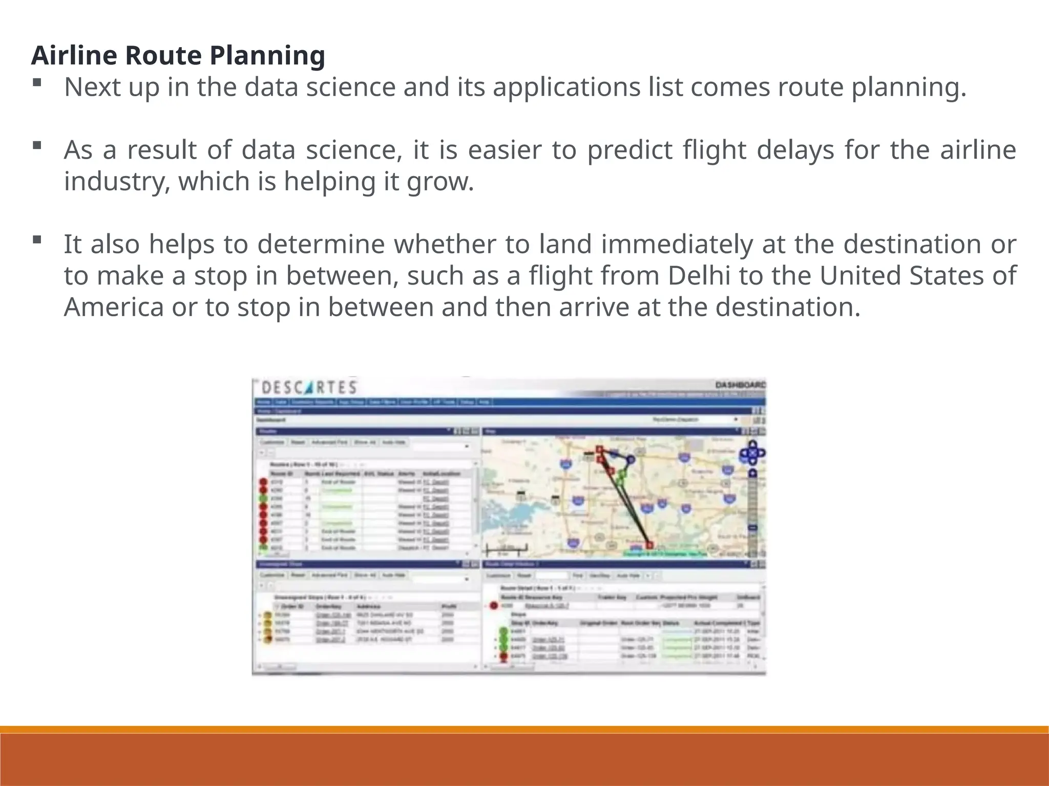 Airline Route Planning
 Next up in the data science and its applications list comes route planning.
 As a result of data science, it is easier to predict flight delays for the airline
industry, which is helping it grow.
 It also helps to determine whether to land immediately at the destination or
to make a stop in between, such as a flight from Delhi to the United States of
America or to stop in between and then arrive at the destination.
 