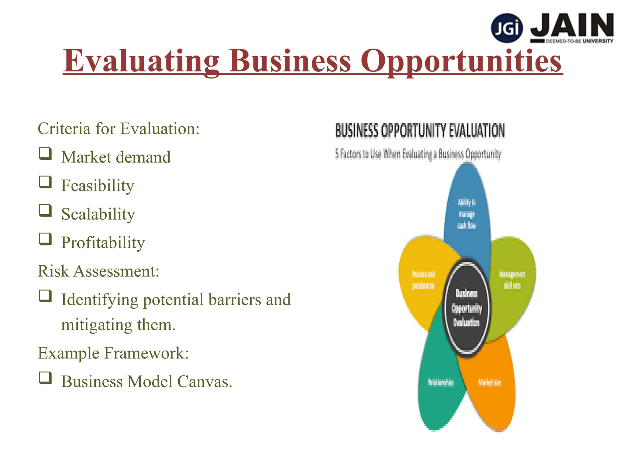 Evaluating Business Opportunities
Criteria for Evaluation:
 Market demand
 Feasibility
 Scalability
 Profitability
Risk Assessment:
 Identifying potential barriers and
mitigating them.
Example Framework:
 Business Model Canvas.
 