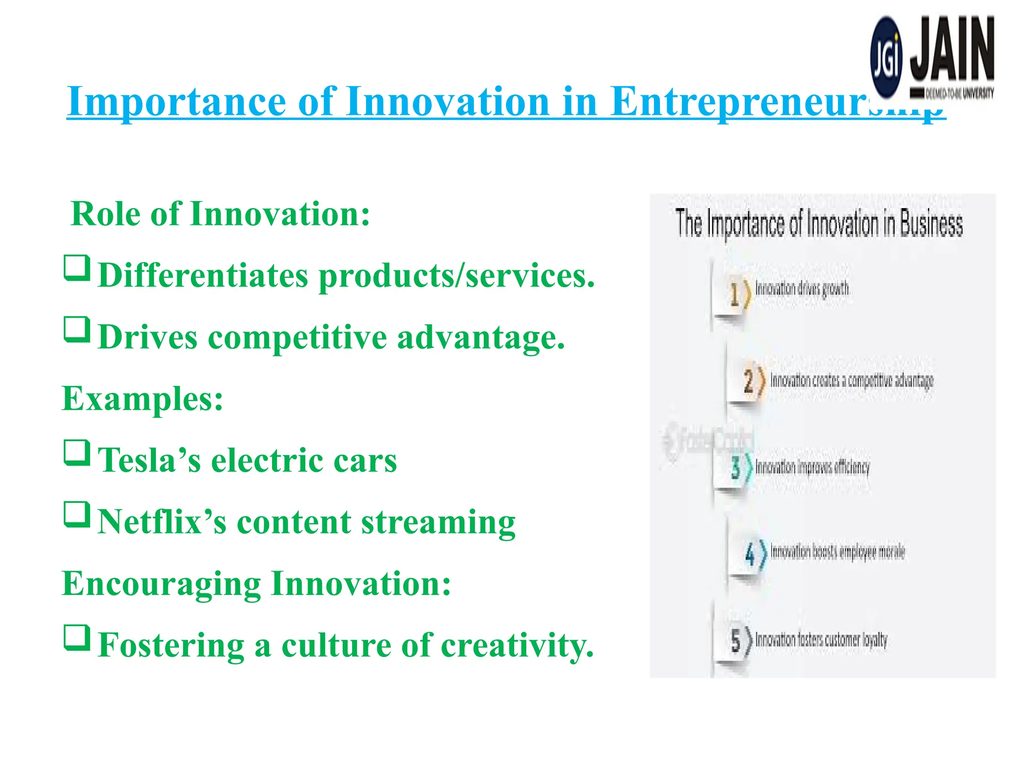 Importance of Innovation in Entrepreneurship
Role of Innovation:
Differentiates products/services.
Drives competitive advantage.
Examples:
Tesla’s electric cars
Netflix’s content streaming
Encouraging Innovation:
Fostering a culture of creativity.
 