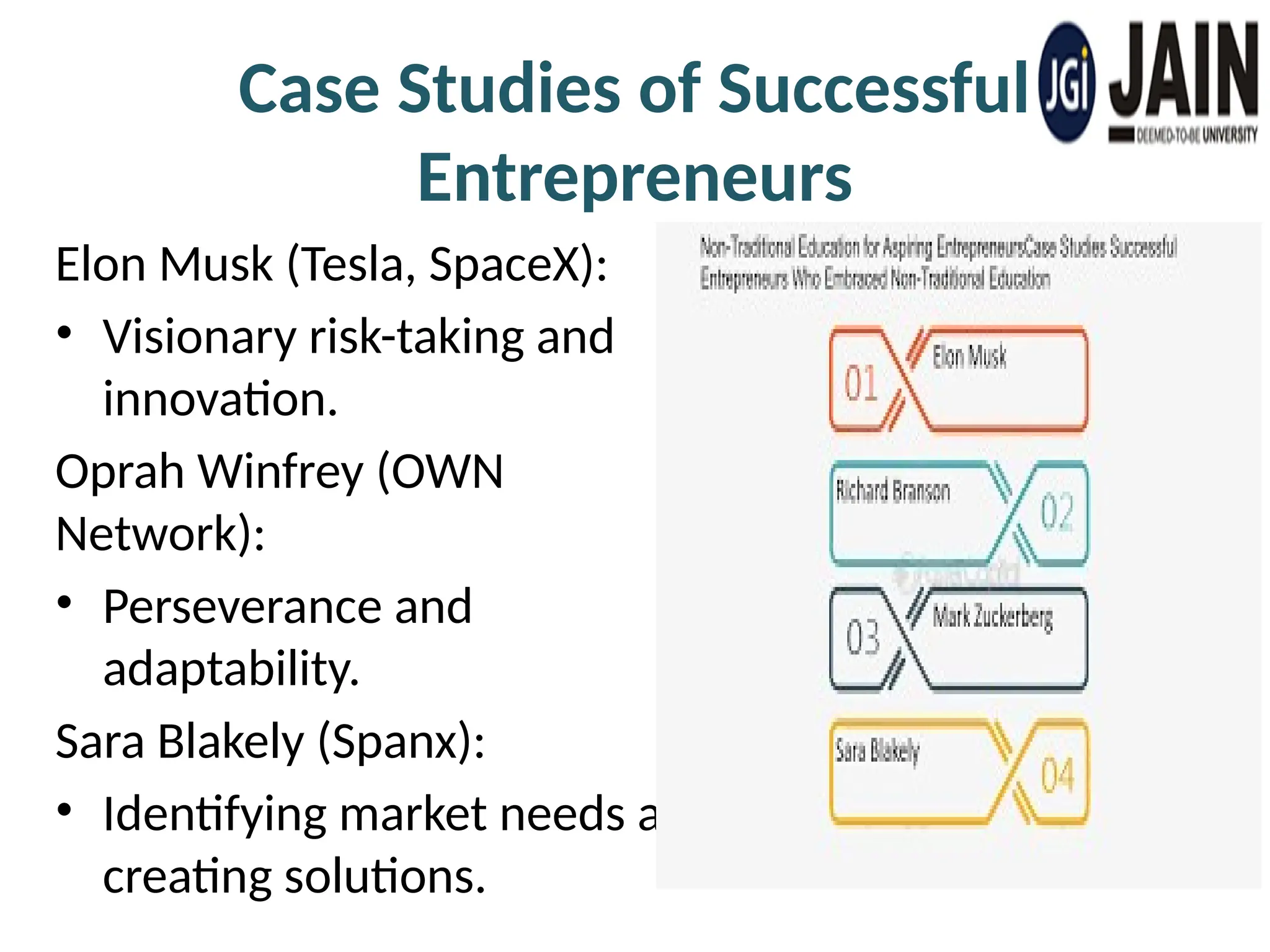 Case Studies of Successful
Entrepreneurs
Elon Musk (Tesla, SpaceX):
• Visionary risk-taking and
innovation.
Oprah Winfrey (OWN
Network):
• Perseverance and
adaptability.
Sara Blakely (Spanx):
• Identifying market needs and
creating solutions.
 