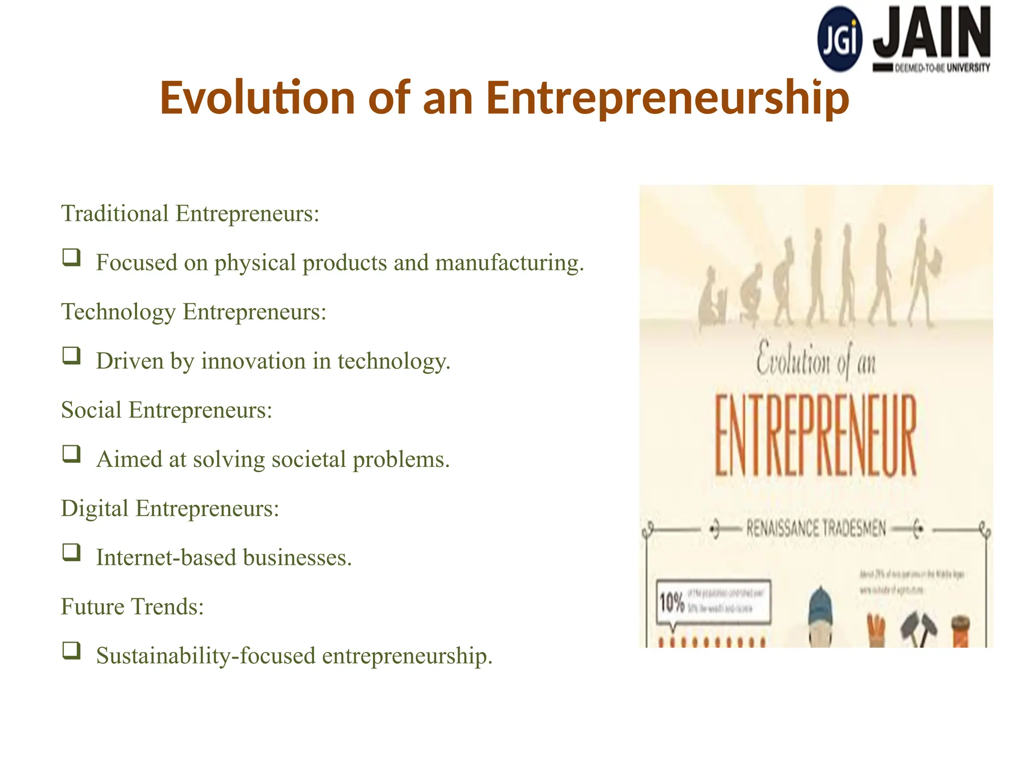 Evolution of an Entrepreneurship
Traditional Entrepreneurs:
 Focused on physical products and manufacturing.
Technology Entrepreneurs:
 Driven by innovation in technology.
Social Entrepreneurs:
 Aimed at solving societal problems.
Digital Entrepreneurs:
 Internet-based businesses.
Future Trends:
 Sustainability-focused entrepreneurship.
 
