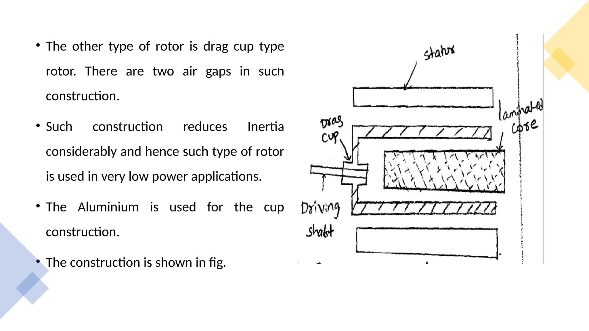 • The other type of rotor is drag cup type
rotor. There are two air gaps in such
construction.
• Such construction reduces Inertia
considerably and hence such type of rotor
is used in very low power applications.
• The Aluminium is used for the cup
construction.
• The construction is shown in fig.
 
