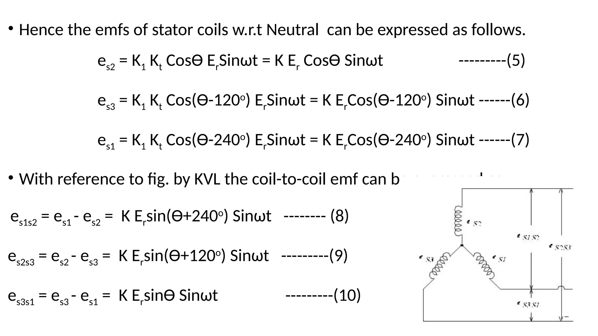 • Hence the emfs of stator coils w.r.t Neutral can be expressed as follows.
es2 = K1 Kt CosƟ ErSinωt = K Er CosƟ Sinωt ---------(5)
es3 = K1 Kt Cos(Ɵ-120o
) ErSinωt = K ErCos(Ɵ-120o
) Sinωt ------(6)
es1 = K1 Kt Cos(Ɵ-240o
) ErSinωt = K ErCos(Ɵ-240o
) Sinωt ------(7)
• With reference to fig. by KVL the coil-to-coil emf can be expressed as
es1s2 = es1 - es2 = K Ersin(Ɵ+240o
) Sinωt -------- (8)
es2s3 = es2 - es3 = K Ersin(Ɵ+120o
) Sinωt ---------(9)
es3s1 = es3 - es1 = K ErsinƟ Sinωt ---------(10)
 