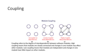 Coupling
Coupling refers to the degree of interdependence between software modules. High
coupling means that modules are closely connected and changes in one module may affect
other modules. Low coupling means that modules are independent and changes in one
module have little impact on other modules.
 